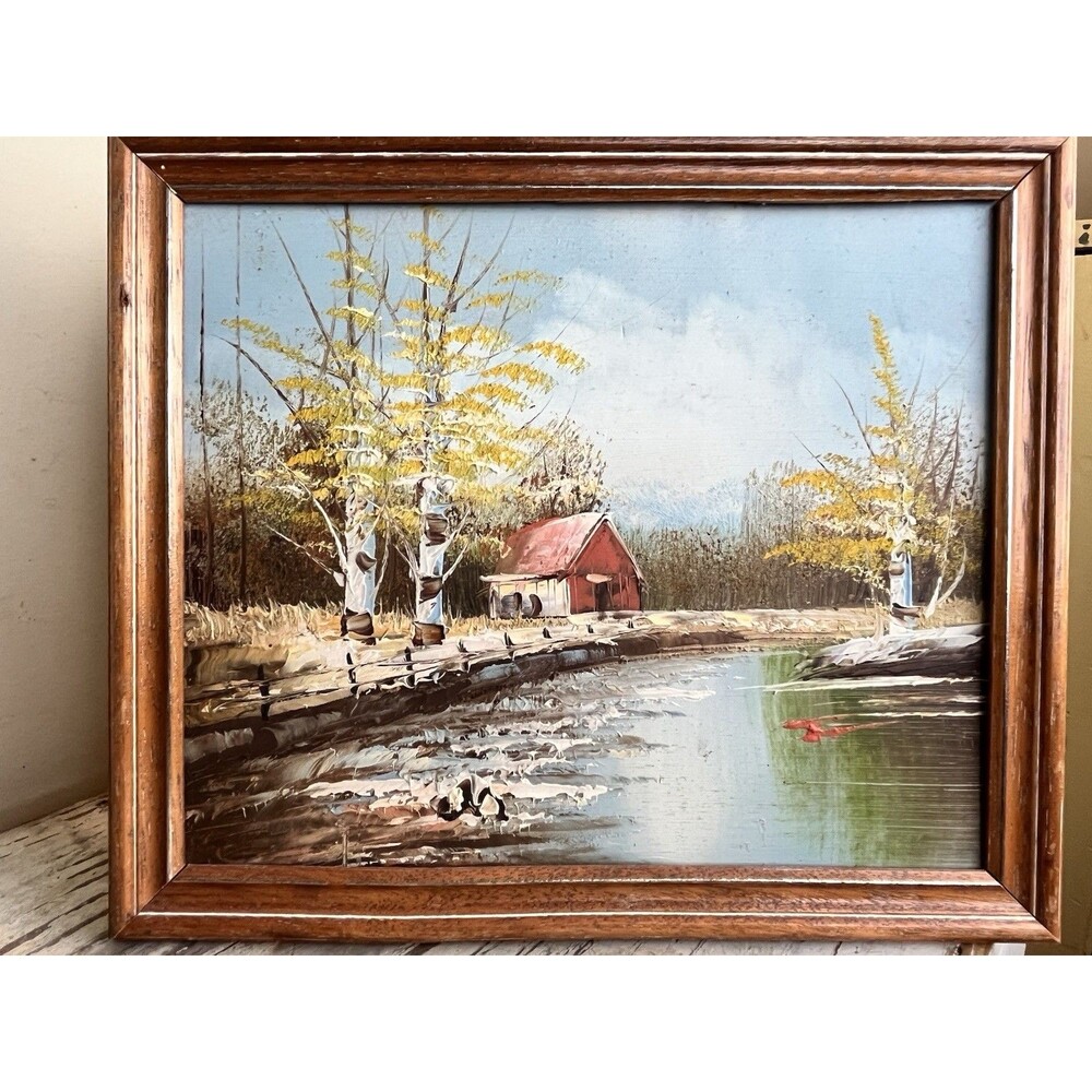 Vintage Red Barn Cabin Along The River Outdoor Landscape Scene River Aspens 11”